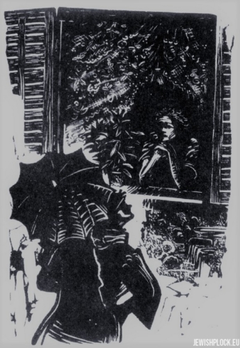 Fiszel Zylberberg, woodcut, A girl in the window (source: www.zchor.org)